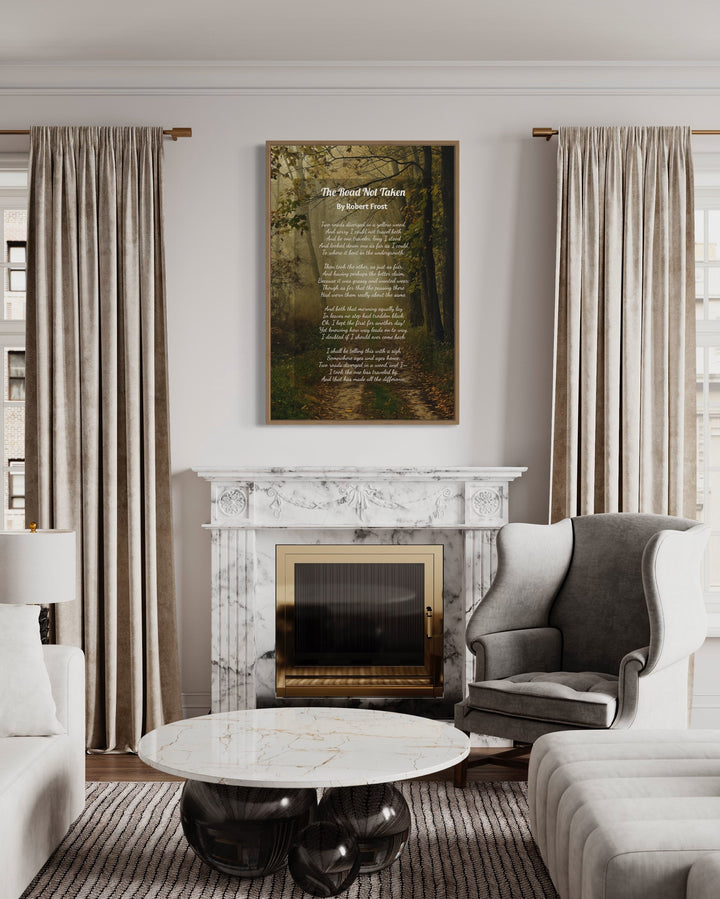 The Road Not Taken Poem Robert Frost Poem Framed Canvas Wall Art above fireplace