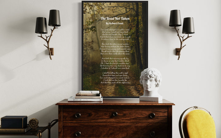 The Road Not Taken Poem Robert Frost Poem Framed Canvas Wall Art above dresser