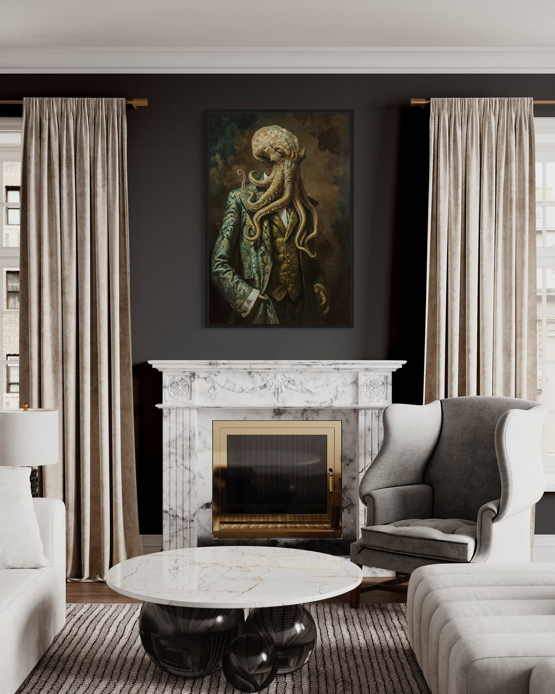 Cthulhu In Suit Vintage Portrait Framed Canvas Wall Art above fireplace