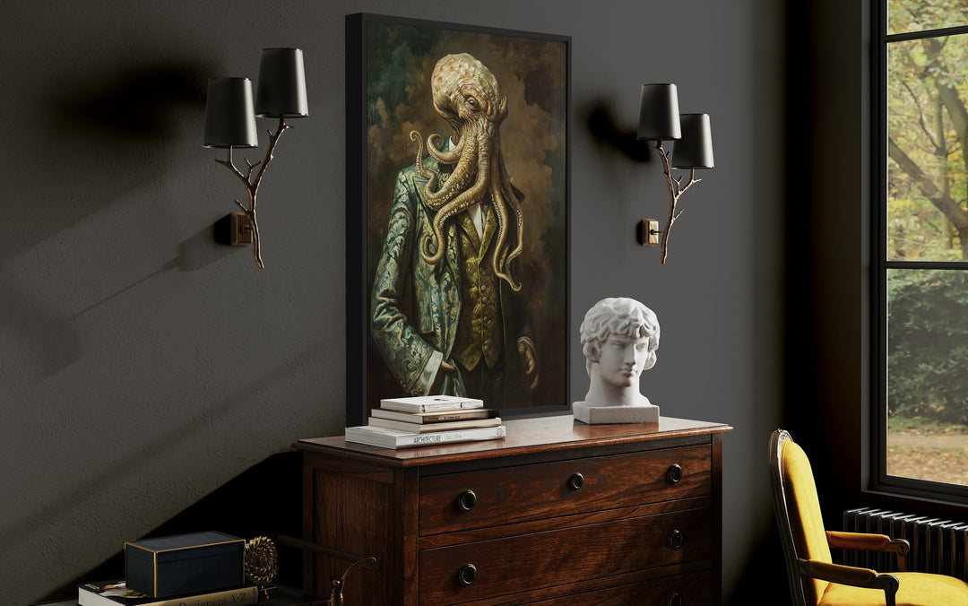 Cthulhu In Suit Vintage Portrait Framed Canvas Wall Art side view