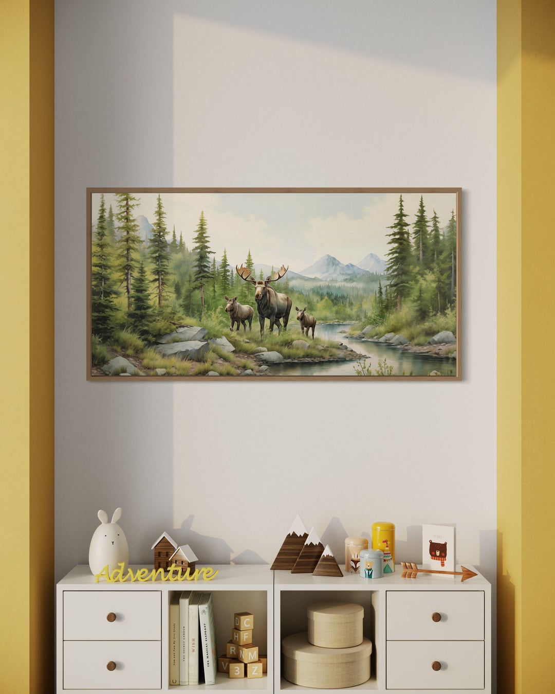 Moose Family With Cubs In The Forest Framed Canvas Wall Art in nursery