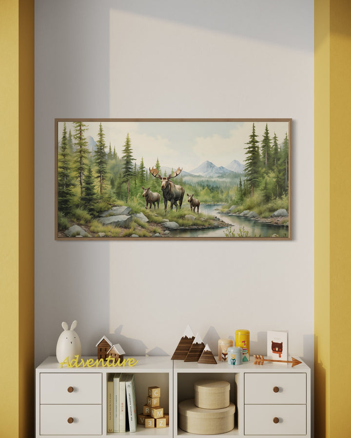 Moose Family With Cubs In The Forest Framed Canvas Wall Art in nursery