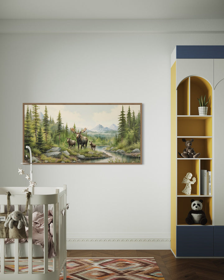 Moose Family With Cubs In The Forest Framed Canvas Wall Art in kids room