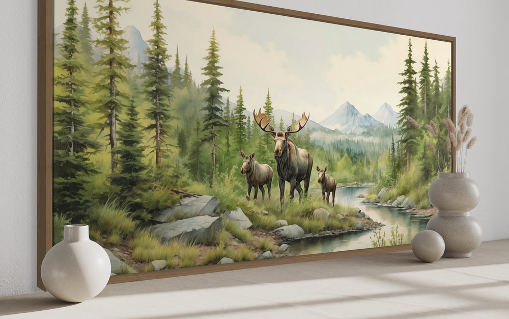 Moose Family With Cubs In The Forest Framed Canvas Wall Art side view