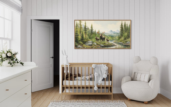 Moose Family With Cubs In The Forest Framed Canvas Wall Art in baby room