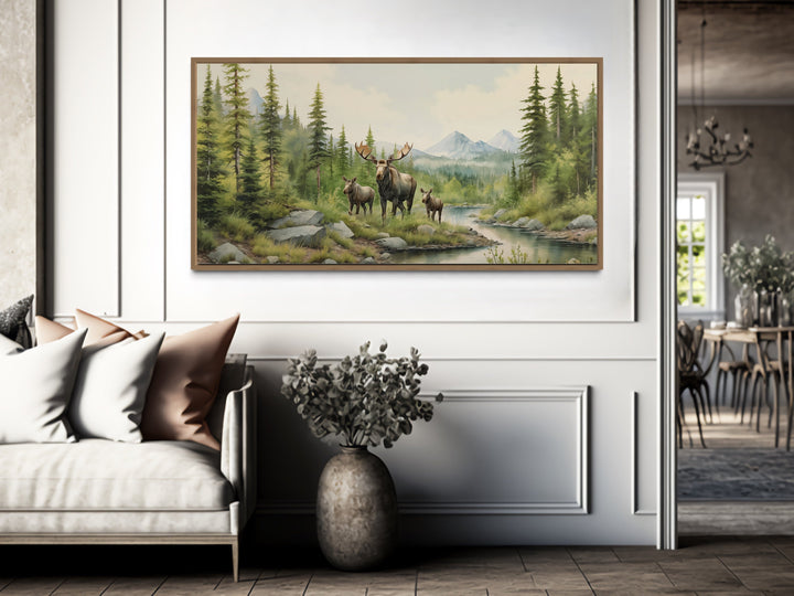 Moose Family With Cubs In The Forest Framed Canvas Wall Art