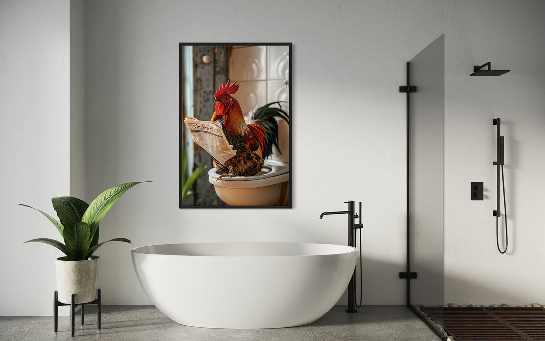 Rooster On The Toilet Reading Newspaper Framed Canvas Wall Art in the bathroom