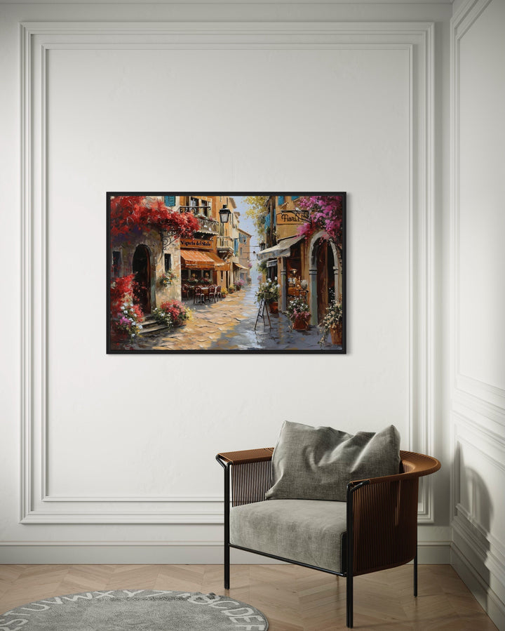 Charming Italian Street With Restaurants Framed Canvas Wall Art on large wall