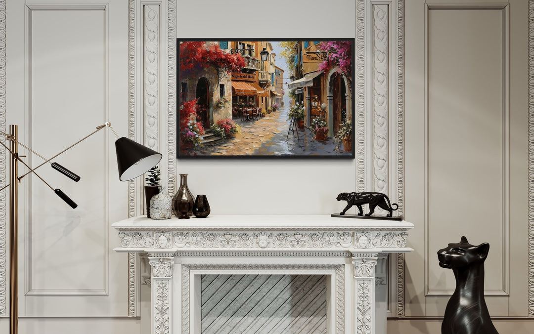 Charming Italian Street With Restaurants Framed Canvas Wall Art above fireplace