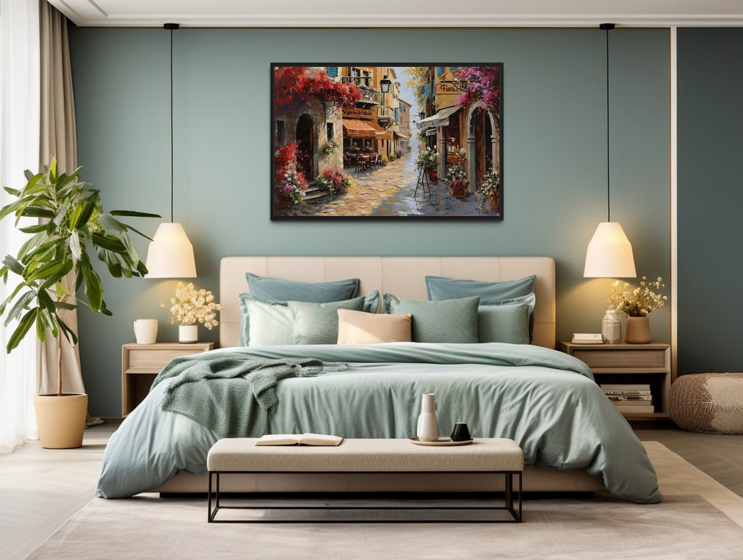 Charming Italian Street With Restaurants Framed Canvas Wall Art above bed