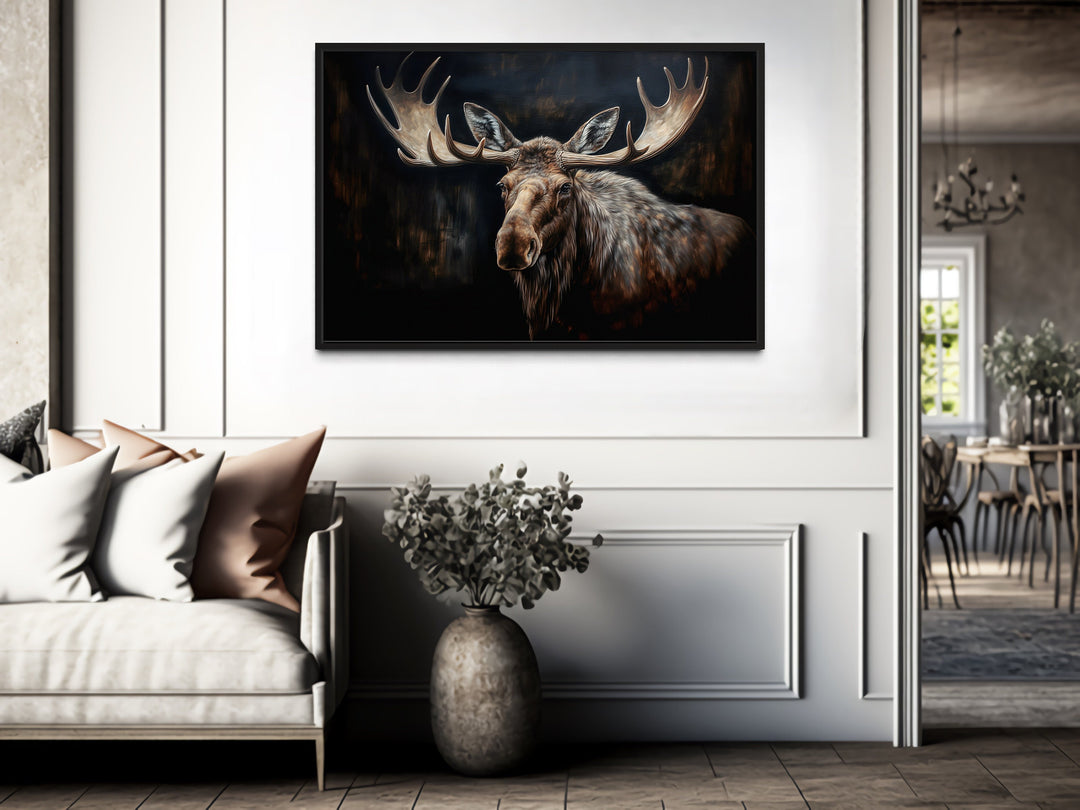 Dark Moose Painting Cabin Decor Framed Canvas Wall Art