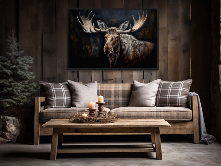 Dark Moose Painting Framed Canvas Wall Art in rustic cabin