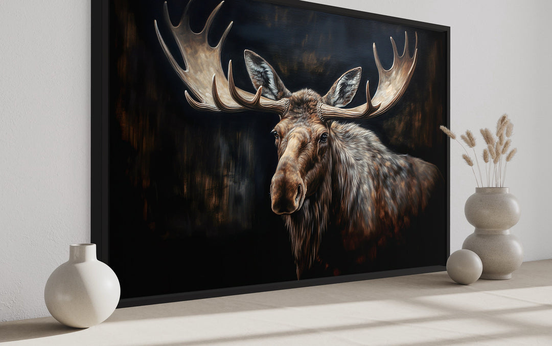 Dark Moose Painting Framed Canvas Wall Art side view