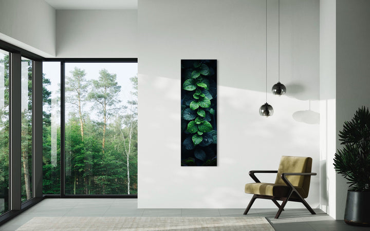 Tall Narrow Vertical Green Leaves Framed Canvas Wall Art