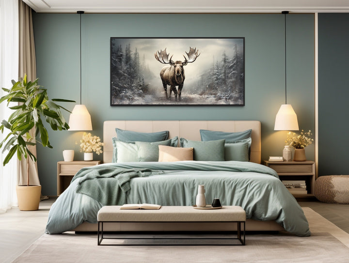 Moose in Foggy Winter Forest Wall Art over sage green bed