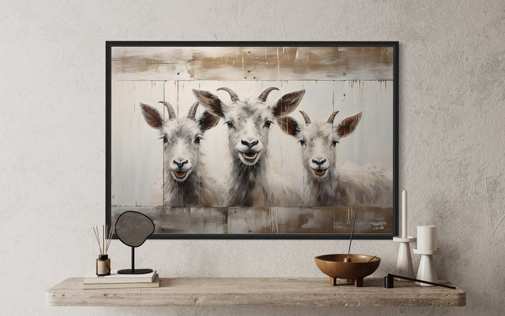 Three Funny Goats Looking Through Fake Wooden Window Canvas Wall Art close up