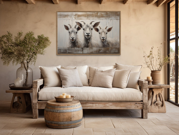 Three Funny Goats Looking Through Fake Wooden Window Canvas Wall Art in farmhouse