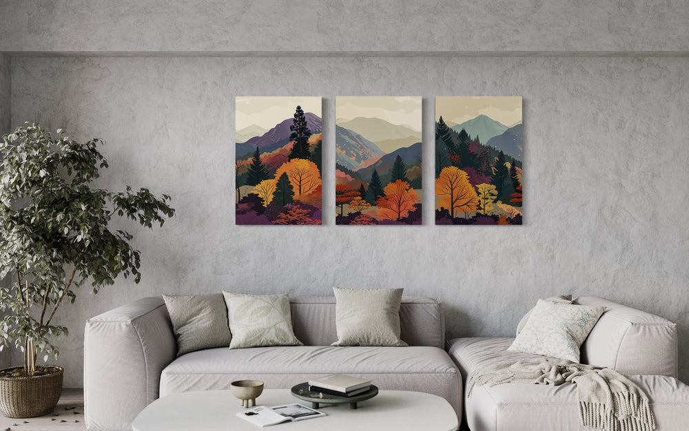 3 Piece Mid Century Modern Purple Green Mountain Landscape Art above grey couch