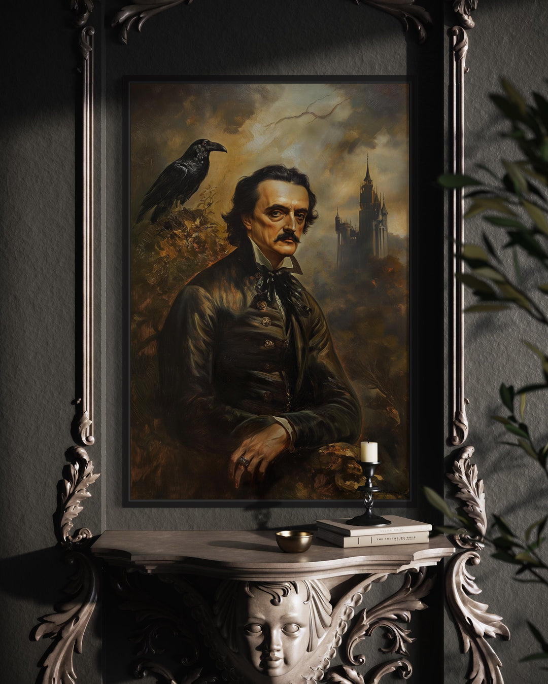 Edgar Allan Poe And Raven Vintage Gothic Framed Canvas Wall Art