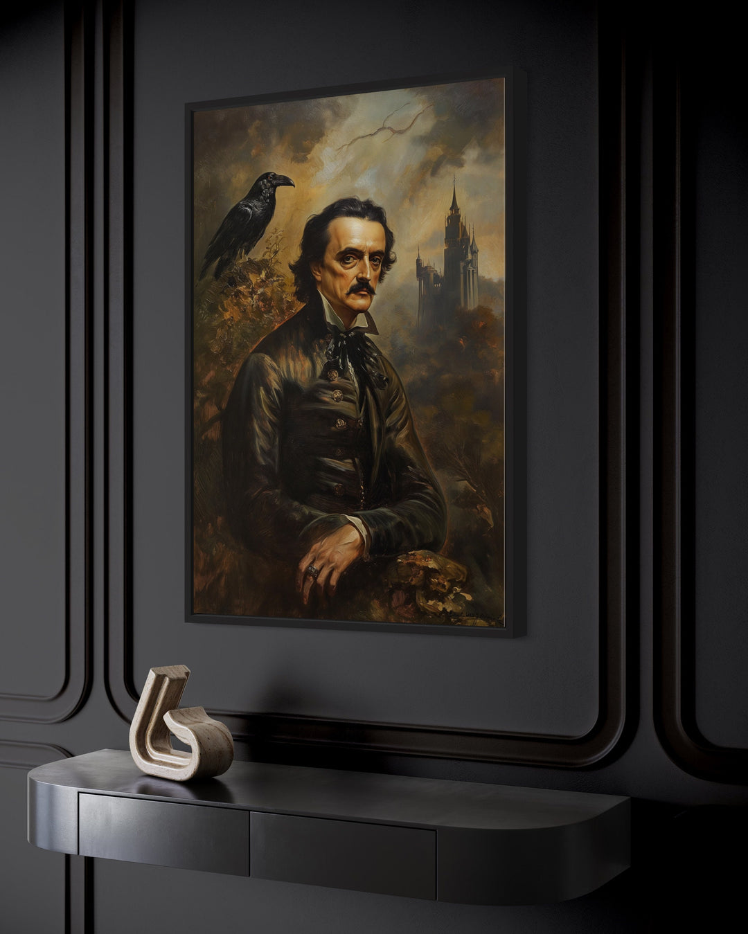 Edgar Allan Poe And Raven Vintage Gothic Canvas Wall Art close up