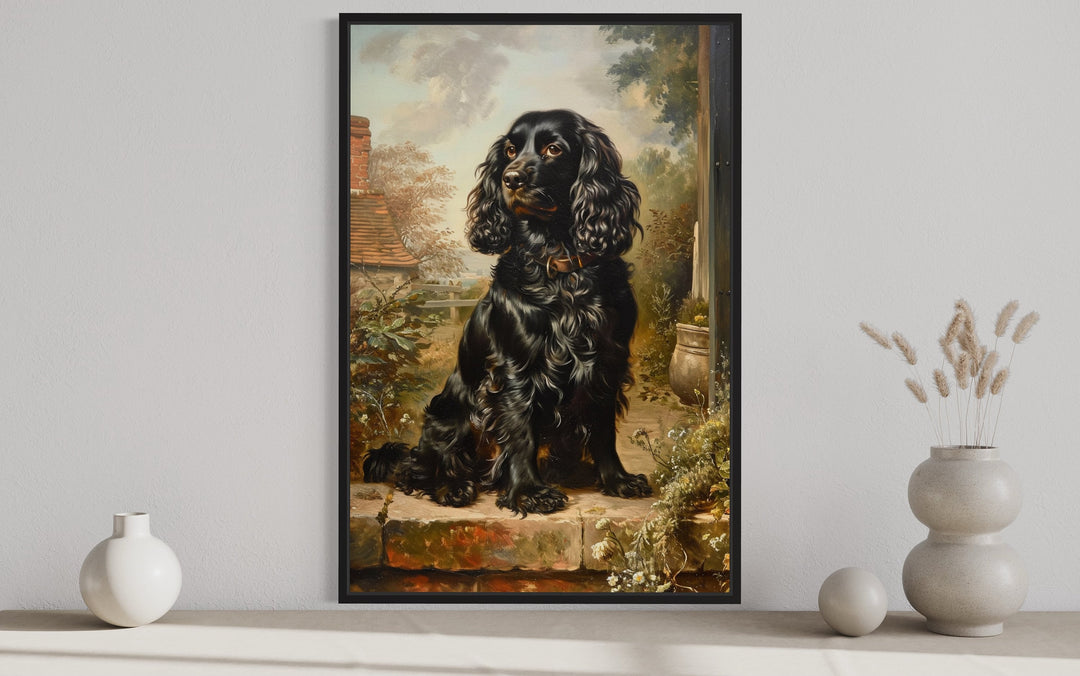 Black Cocker Spaniel Vintage Painting Framed Canvas Wall Art