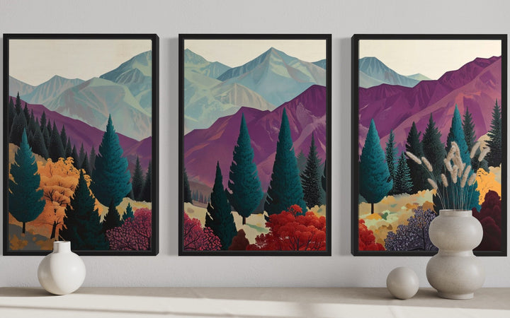 3 Piece Abstract Purple Mountain Landscape Framed Canvas Wall Art close up