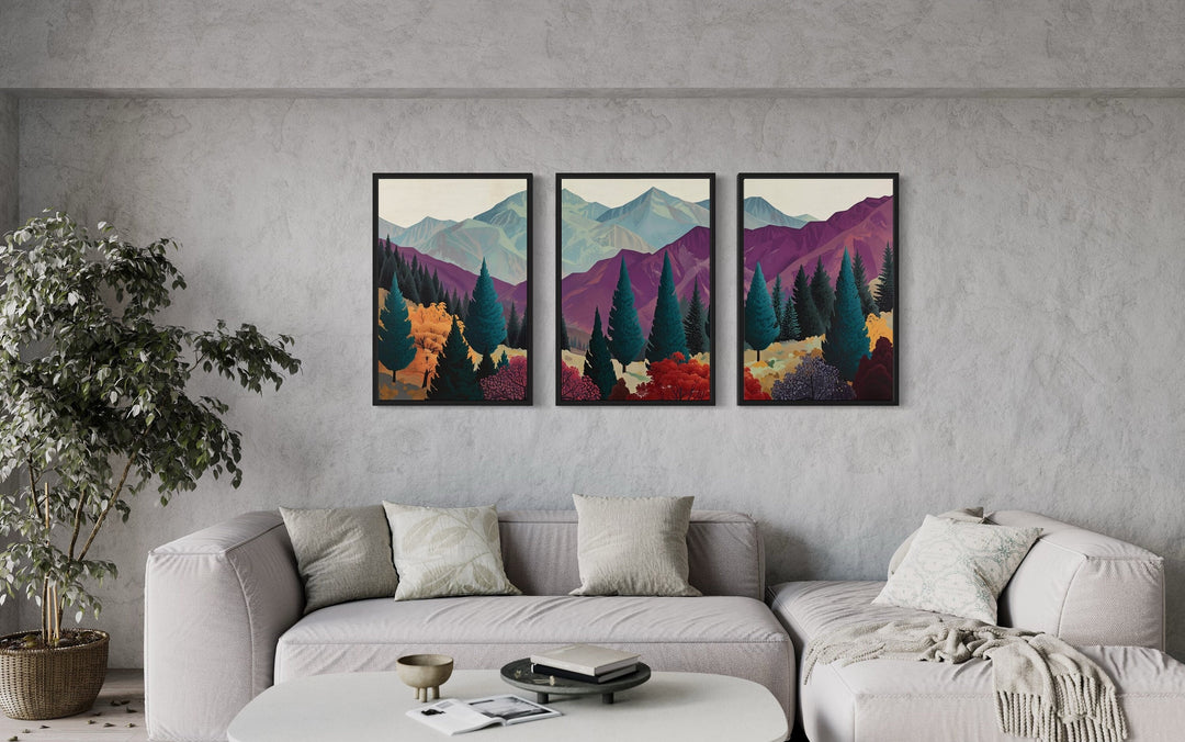3 Piece Abstract Purple Mountain Landscape Framed Canvas Wall Art