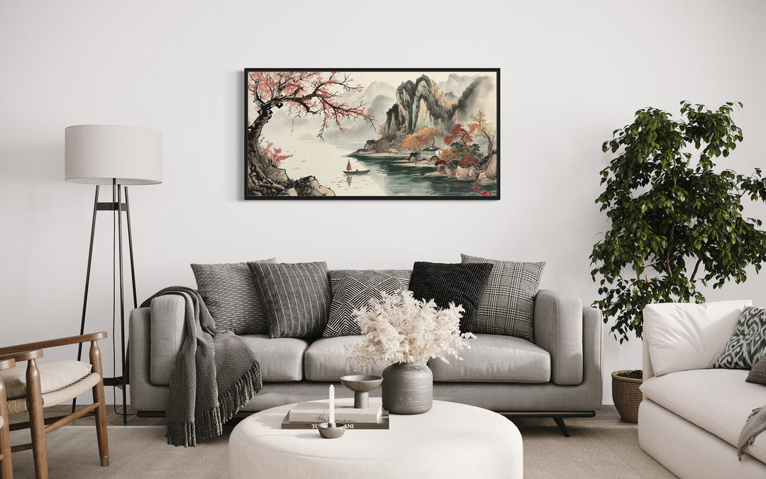 Traditional Chinese Landscape Shan Shui Hua Canvas Wall Art above green couch