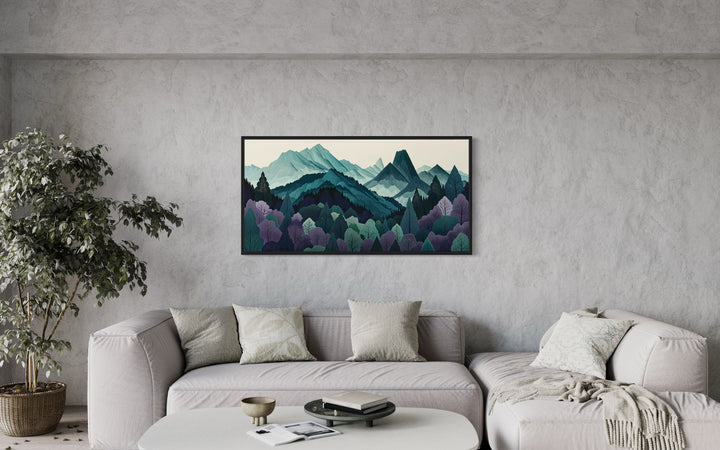 Mid Century Modern Landscape Mountain Forest Canvas Wall Art above grey couch