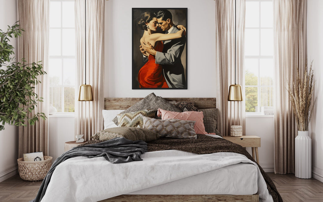 Couple Dancing Latin Dance Framed Canvas Wall Art above bed