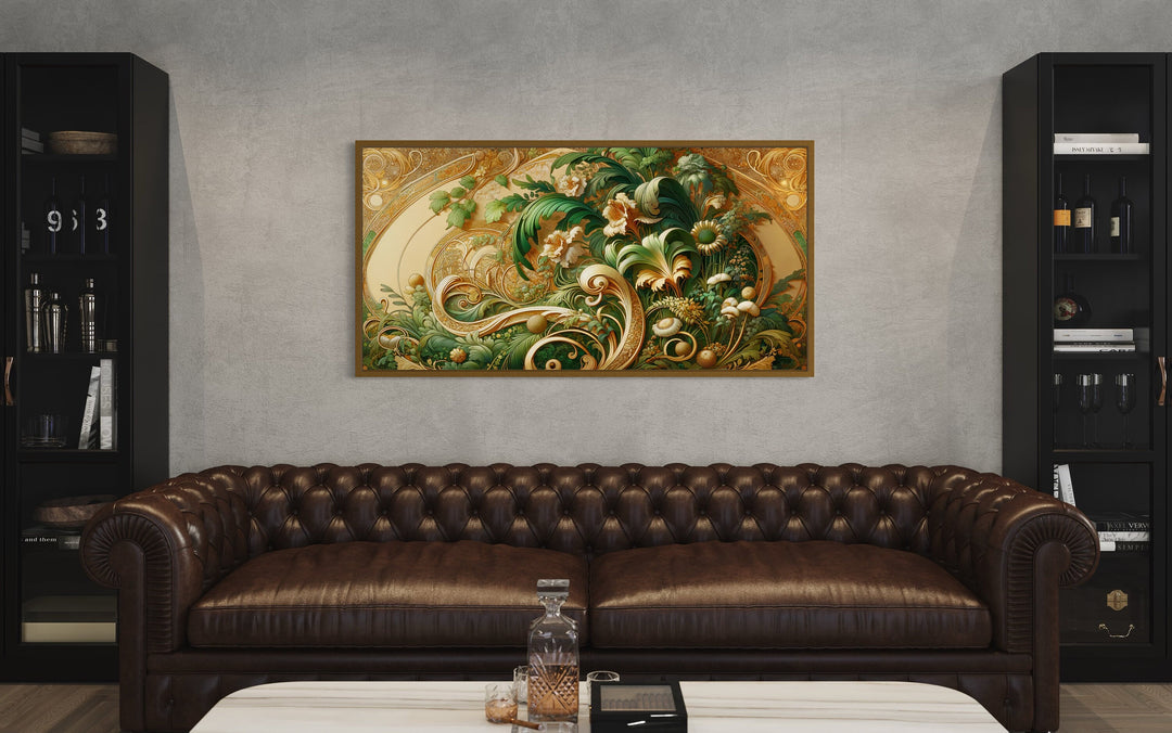 Green Gold Art Nouveau Flowers Framed Canvas Wall Art above brown couch