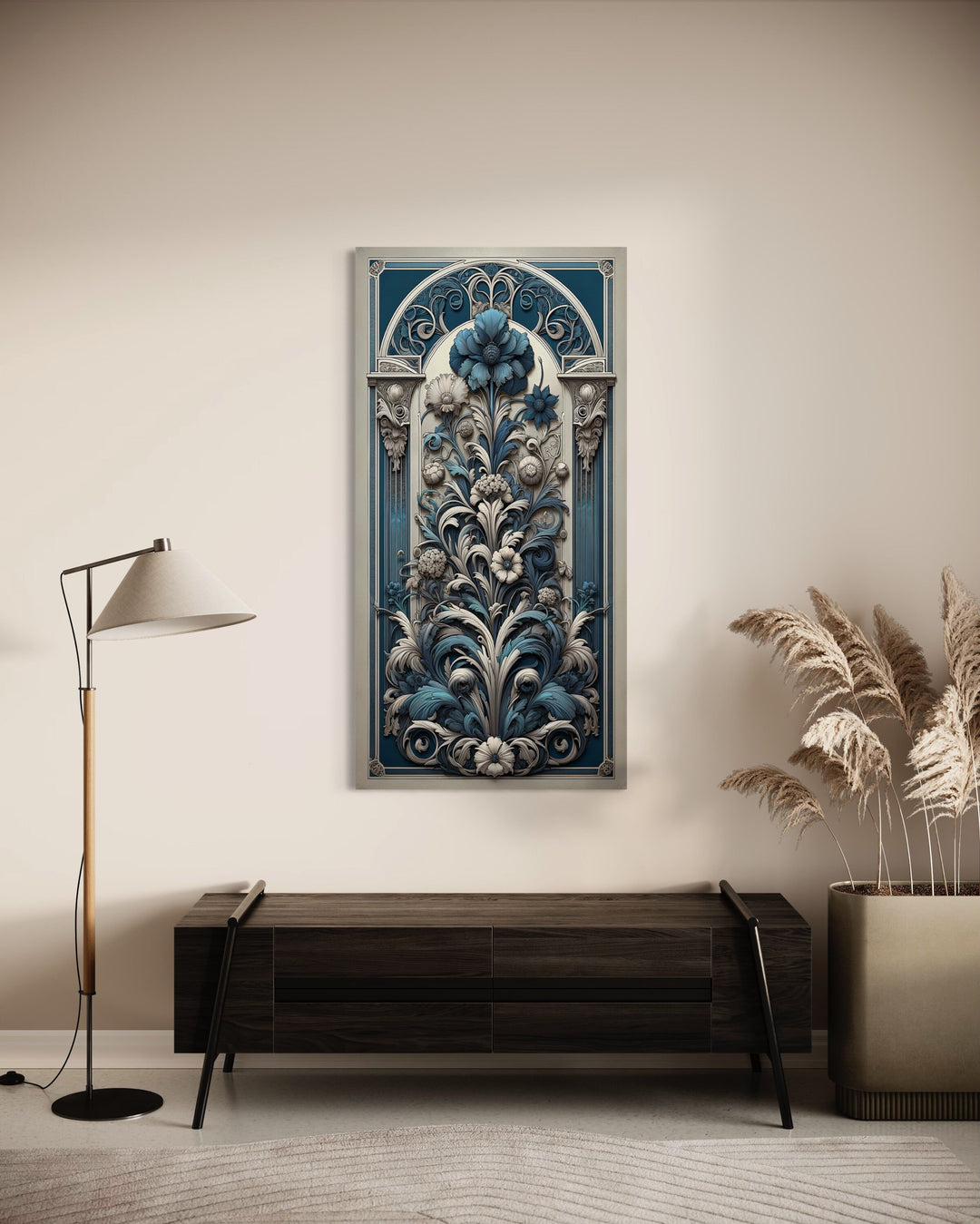 Tall Narrow Art Nouveau Blue Silver Floral Boho Vertical Wall Art