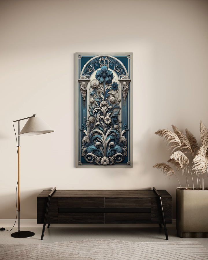 Tall Narrow Art Nouveau Blue Silver Floral Boho Vertical Wall Art