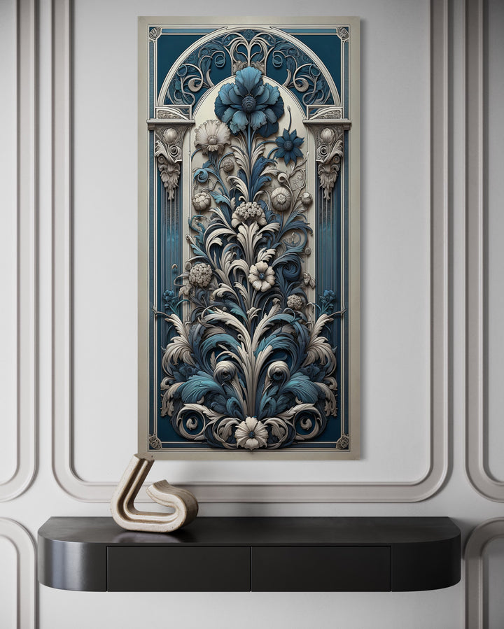 Tall Narrow Art Nouveau Blue Silver Floral Boho Vertical Wall Art close up