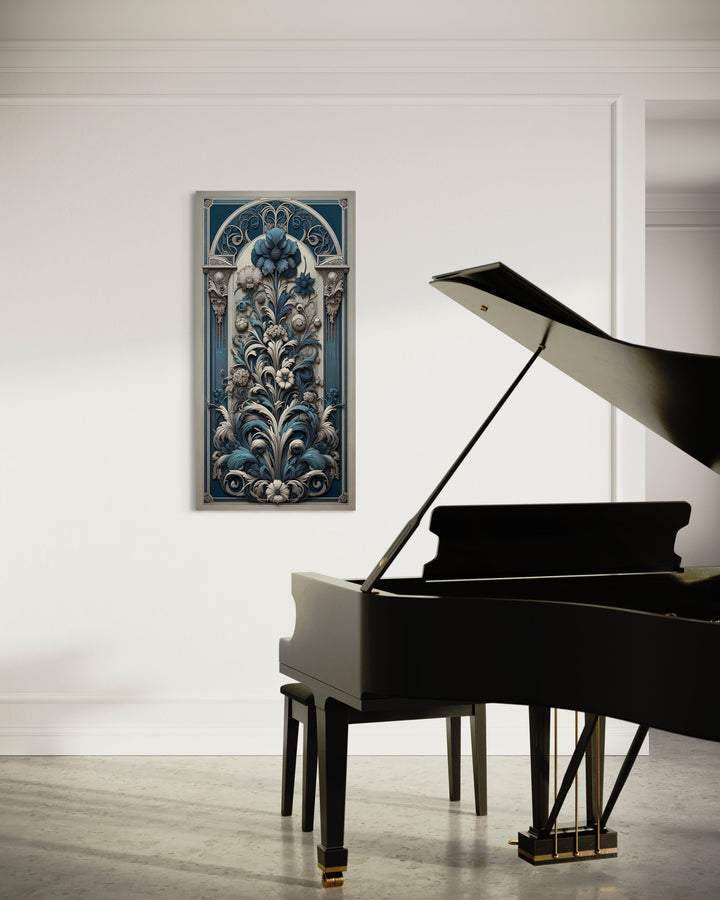 Tall Narrow Art Nouveau Blue Silver Floral Boho Vertical Wall Art in music room