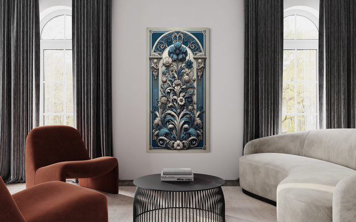 Tall Narrow Art Nouveau Blue Silver Floral Boho Vertical Wall Art in modern living room