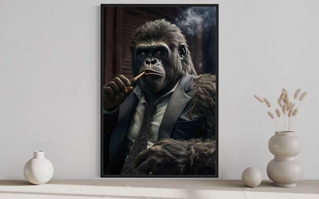Gangster Gorilla Smoking Cigar Framed Canvas Wall Art For Men close up