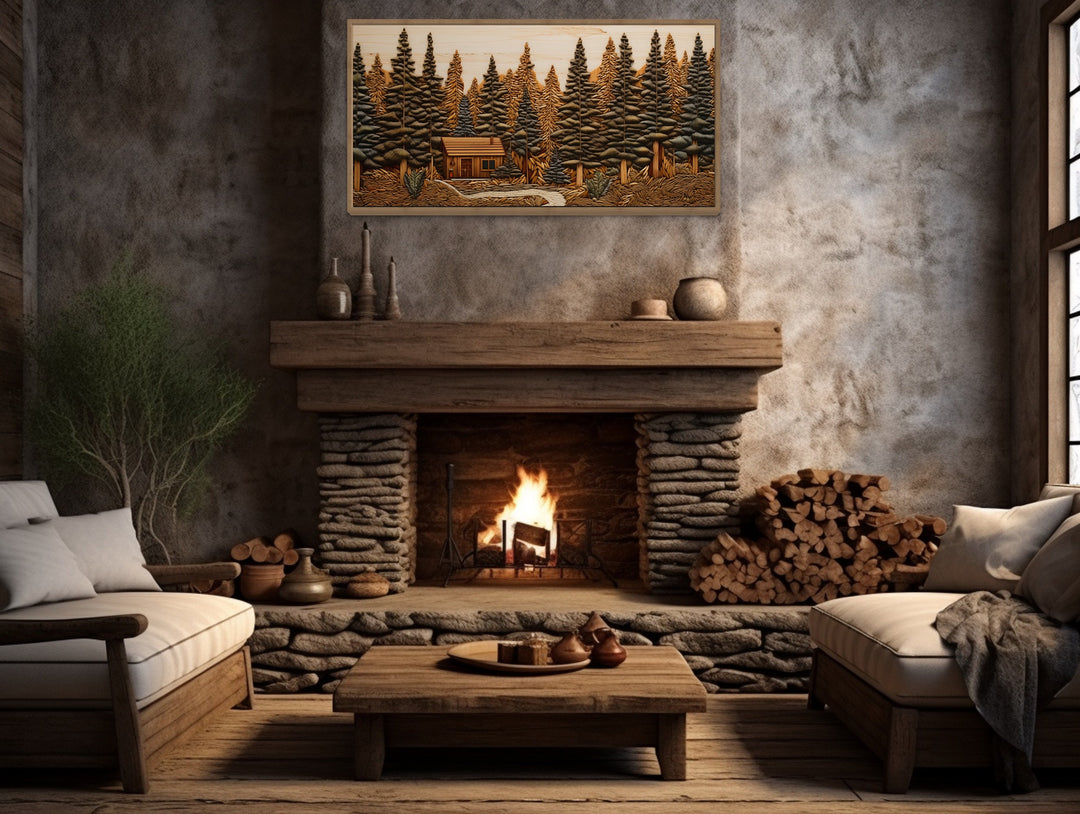 Cabin In The Woods Wood Panel Effect Framed Canvas Wall Art above fireplace