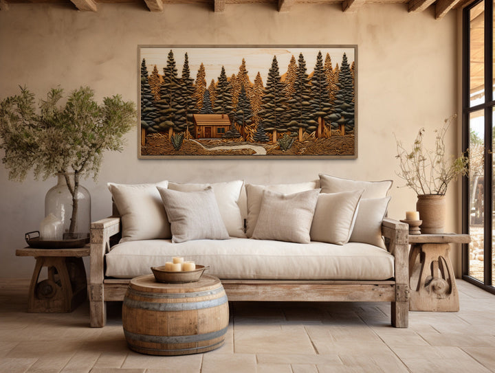 Cabin In The Woods Wood Panel Effect Framed Canvas Wall Art in cabin