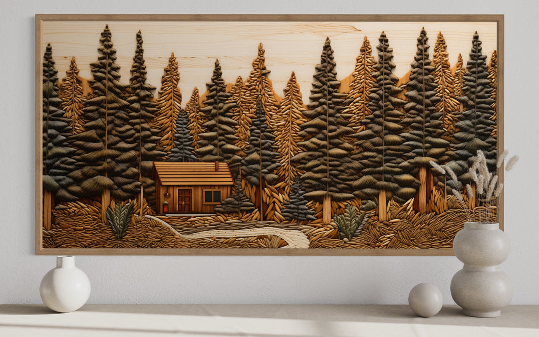 Cabin In The Woods Wood Panel Effect Framed Canvas Wall Art close up