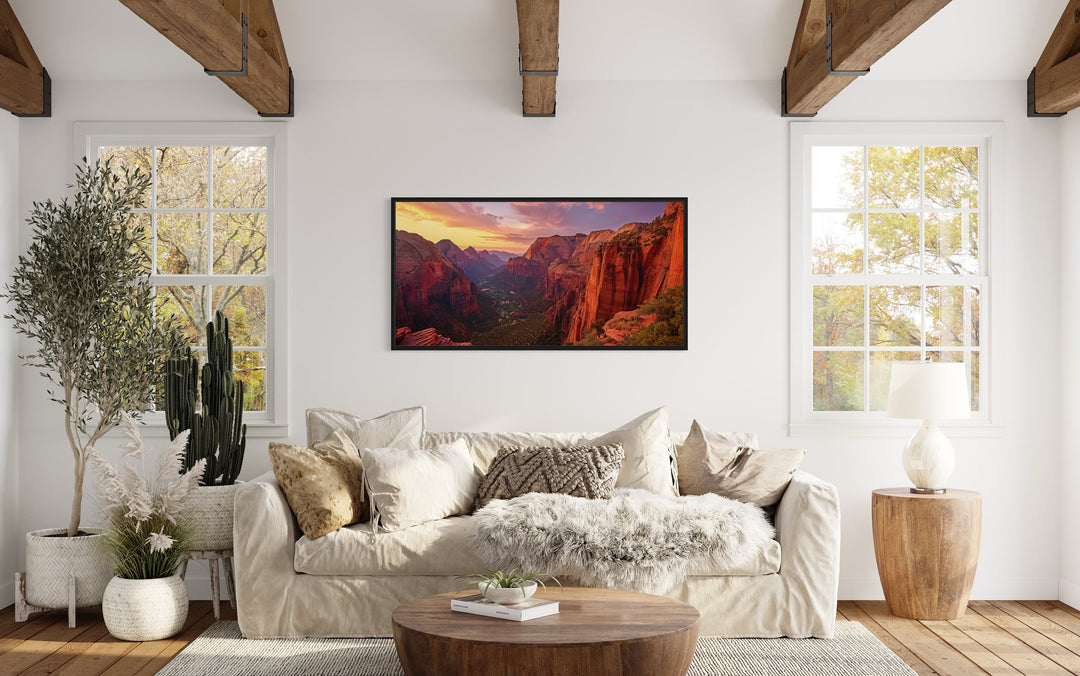 Zion National Park Sunset Photo Style Framed Canvas Wall Art above couch