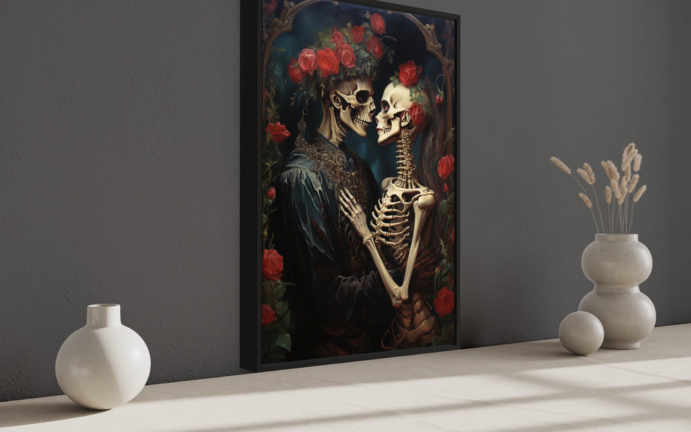 Skeleton Lovers In Flowers Romantic Gothic Framed Canvas Wall Art side view