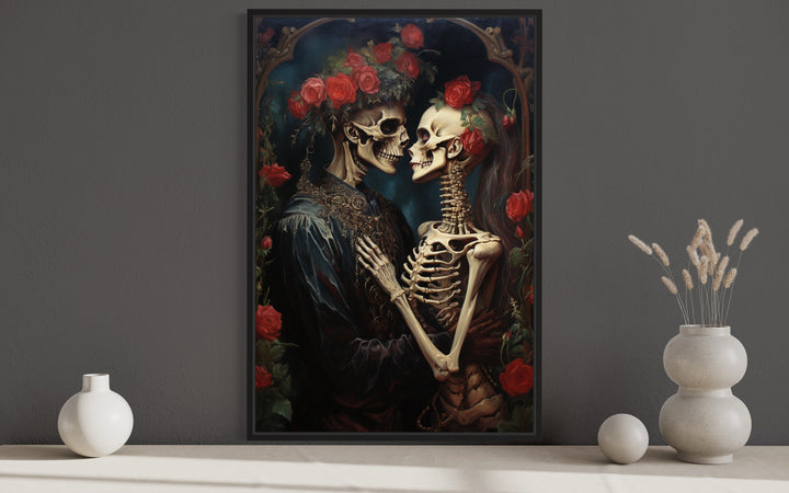 Skeleton Lovers In Flowers Romantic Gothic Framed Canvas Wall Art close up