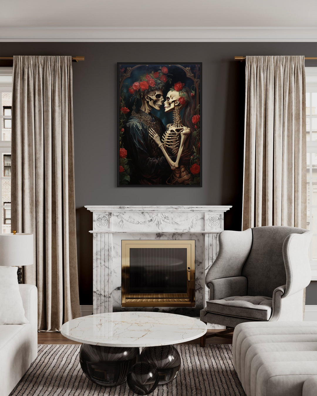Skeleton Lovers In Flowers Romantic Wall Ar above fireplace