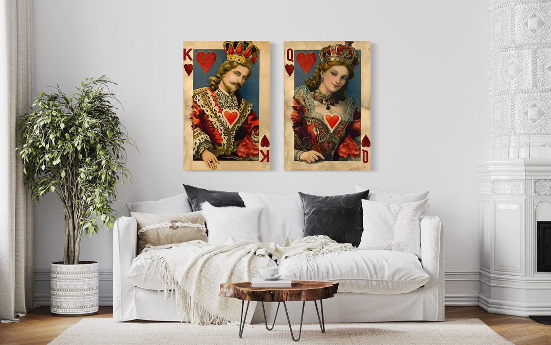 Set of 2 King And Queen Of Hearts Vintage Cards Romantic Framed Canvas Wall Art above bed