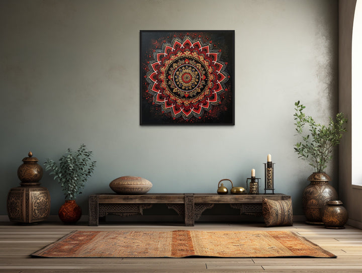 Mandala Wall Art - Traditional Indian Decor "Mandala Essence" above wooden counter