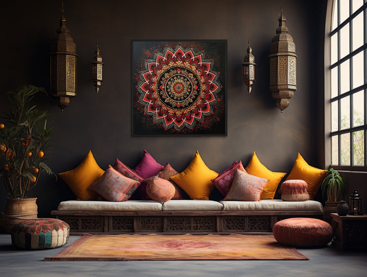 Mandala Wall Art - Traditional Indian Decor "Mandala Essence" above yellow & pink pillows