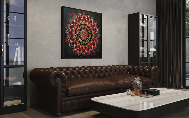 Mandala Wall Art - Traditional Indian Decor "Mandala Essence" above leather couch