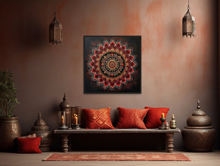 Mandala Wall Art - Traditional Indian Decor "Mandala Essence" over red pillows