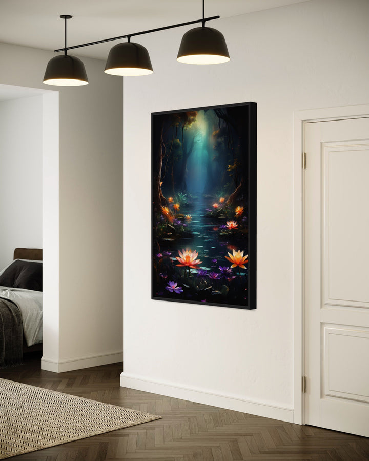 Magical Fantasy Forest Moody Framed Canvas Wall Art side view in living room